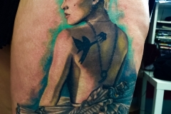Girl Portrait Tattoo On Thigh