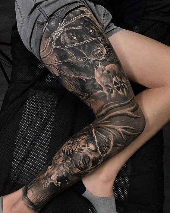 Realistic full leg sleeve black & grey style  Leg sleeve tattoo, Black and  grey tattoos, Sleeve tattoos