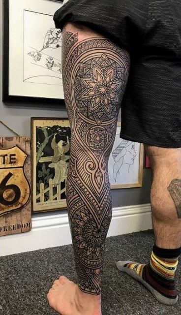 geometric leg sleeve tattoo